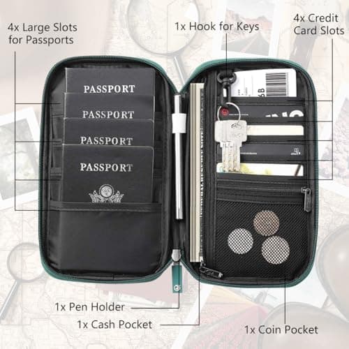 Auccu Passport Holder for Travel Family, RFID Blocking Document Holder Organiser Travel Wallet Waterproof for Women & Men for Cash, Passport, Boarding Pass, ID Card, Credit, Tickets, Pen, Green — view 3