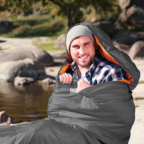 Milestone Camping Mummy Sleeping Bag for Adults & Kids / 2 Season Sleeping Bag for Camping, Hiking, Festivals & Outdoor Adventures/Insulated Filling with Drawstring Hood/Grey & Orange 27000 — view 2