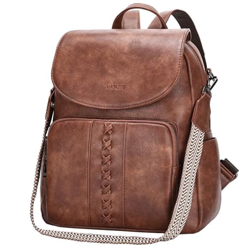 VASCHY Backpack for Women, Fashion Cute Vegan Leather Flap Backpack Convertible Handbag for Ladies with Guitar Strap Brown