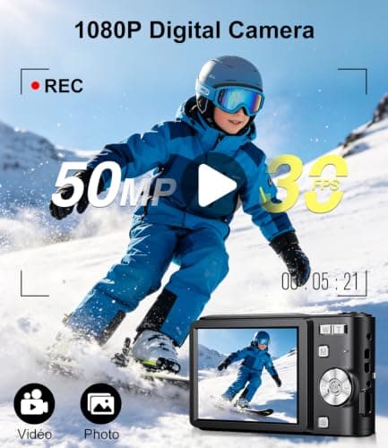 EJXHKNF Digital Camera, 1080P FHD Vlogging Camera 50MP Compact Portable Photo Camera with 2.4" Screen, 16X Digital Zoom Mini Small Pocket Camera for Kids Students with 1 Battery, 16GB Card (Black) — view 2