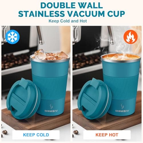 MOMSIV Coffee Cup, Insulated Coffee Cup with Leakproof Lid, Non-Slip Vacuum Reusable Stainless Steel Eco-Friendly Travel Office Mug for Hot and Cold Water Coffee and Tea, 380ml/13oz(Blue) — view 3