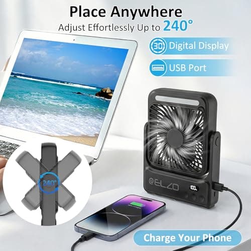 ELZO Magnetic Travel Fan 10000mAh for Cruise Ship Cabin, Upgrade Rechargeable Portable, 4-Speed with Hook, for Cruise Approved Essentials 2026, Camping — view 4