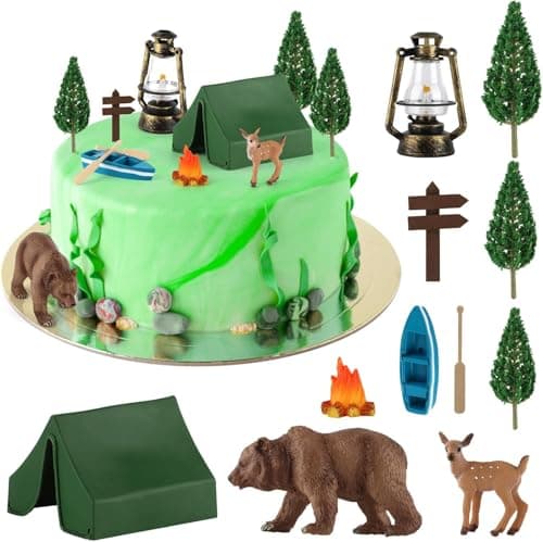 12 Pcs Camping Cake Decorations Set with Mini Tent, Campfire, Tree, Camp Sign, Safari Animals Camping Cake Toppers for Kids Adults Forest Themed Birthday Party Supplies (Farm)