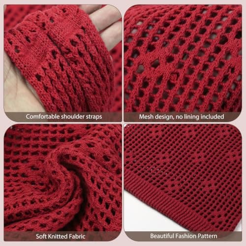 Sightor Crochet Tote Bag, Mesh Beach Bag Knit Summer Hobo Bag Vacation Boho Tote Bag for Women, Hollow Out Red, M, Boho — view 4