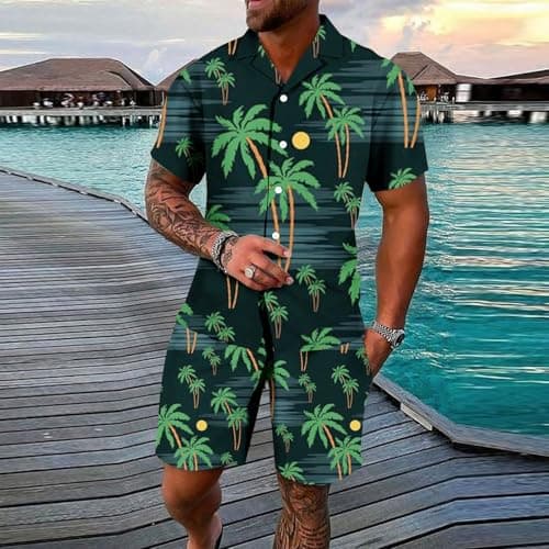 Set Shirt Shorts Men Big Size Hawaiian Printed Tee Shirt Short Sleeve Button Shorts Elastic Waist Loose Drawstring Pockets Casual Lightweight Beach Travel Set — view 3
