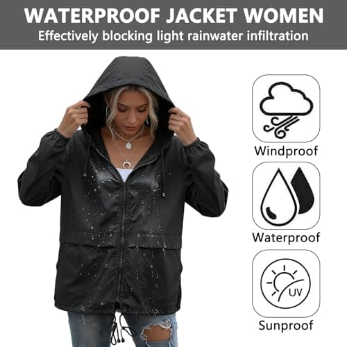 JiaYouLC Womens Lightweight Waterproof Jackets Packable Raincoat With Hoodie Waterproof Running Rain Jacket for Outdoor Walking Hiking (UK, Alpha, S, Regular, Regular, Black) — view 4