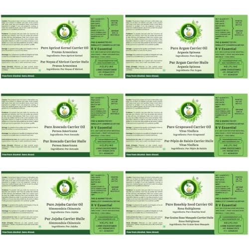 R V Essential Pack of 6 Carrier Oil Set Apricot Kernel Argan Avocado Grapeseed Jojoba Rosehip Seed 100% Pure Natural for Skin Hair Relaxation Soap Lip Balm Creams Lotions Gift Set DIY 15ml (0.507oz) — view 4