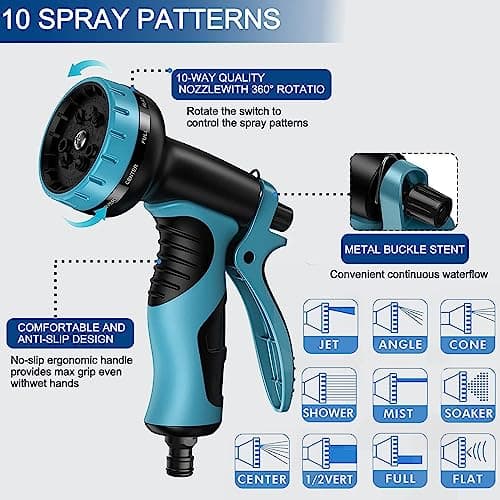 ZhiheHui Garden Hose 50FT Garden Retractable Hose w/ 3/4''，1/2 Fitting & 16mm Universal Adapter Garden Hose w/ 10 Patterns of Water Spray Guns Garden Watering Car Washing Pet Bathing etc.，Blue 50ft — view 3