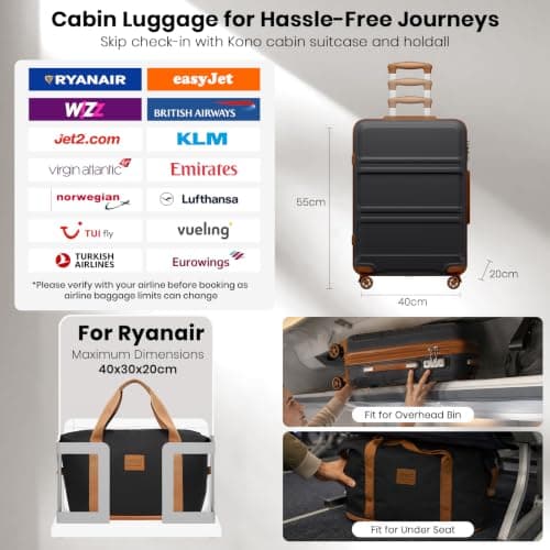 Kono 4 Piece Luggage Set ABS+PC Hard Shell Carry-On Cabin Suitcase,Black — view 2