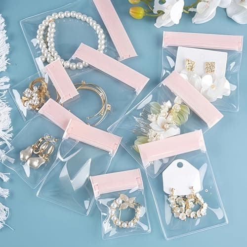 WACCOMT Pack 20pcs Clear EVA Anti Tarnish Jewelry Storage Bags Resealable Small Pink Clear Plastic Thickened Travel Portable Jewelry Pouches for Ring Earing Necklace Bracelet (2.4x3.1 inch) — view 6