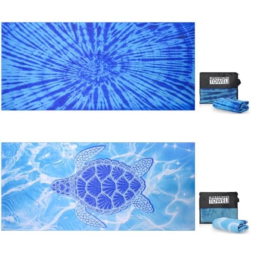 TMEOG Microfibre Beach Towels 2 Pack 180x80cm Extra Large Sand Free Beach Towel for Adults Compact Thin Travel Towel Women Men Lightweight Swim Pool Yoga Towel with Bag(Turtle and Tie-Dye)