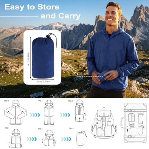 BSBUY Mens Waterproof Jackets Lightweight Rain Jacket Packable Hooded Rain Coats Fast Dry Raincoat Windproof Shell Jacket with Storage Bag and Pocket Solid Color Pullover Top for Travel Hiking Camping — view 6