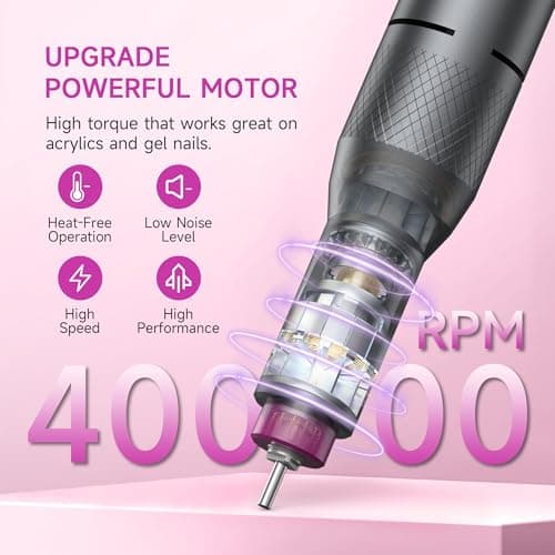 Electric Nail Drill Professional, Portable Nail File for Acrylic Gel Nails, Cordless Rechargeable Ultra Power Nail Drill Kit 40000RPM, HMC320 Salon-Grade Efile Nail Machine (Dark Grey) — view 2