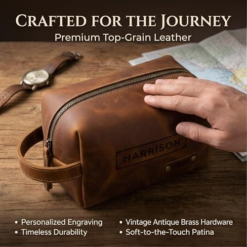 Mens Toiletry Bags Personalised Gifts for Men Genuine Leather Mens Wash Bag Dopp Kit with Custom Engraved Name or Initial – Travel Shaving Bag Gift for Xmas Birthday Anniversary (Brown) — view 3