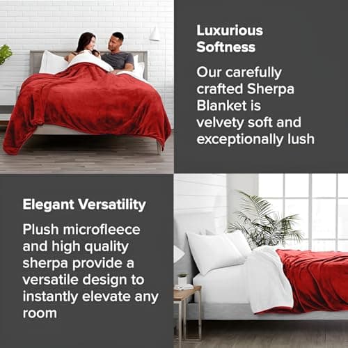 Casabella Sherpa Fleece Blanket - Plush Sofa Throw, Fleece Blanket for King Size Bed - Thick Warm Throw Blanket - Soft Fluffy Bedding, Travel Accessories - King Size Bed, Burgundy, 200x240cm — view 5