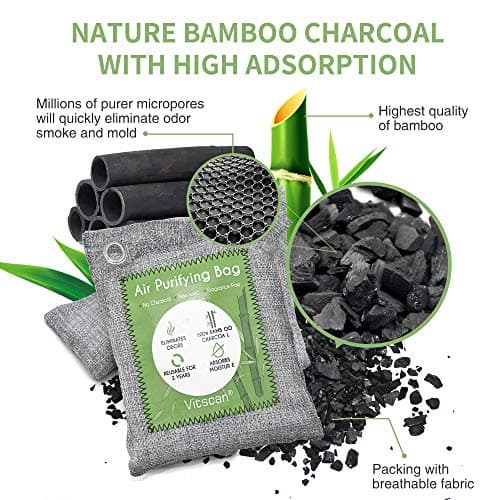 Vitscan 8 Pack Bamboo Charcoal Air Purifying Bag, Activated Charcoal Bags Odor Absorber, Moisture Absorber, Natural Car Air Freshener, Shoe Deodorizer, Odor Eliminators for Home, Pet, Closet (8x150g) — view 2