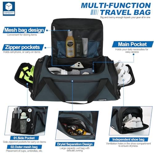 FIORETTO 45L Mens Sports Gym Bag with Wet Pocket & Shoe Compartment, Travel Duffle Bag Overnight Bag with Padded Shoulder Strap, Water-Resistant Holdall for Swimming, Basketball, Football Grey — view 3