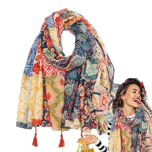 Boho Print Scarf - Soft Cotton Lightweight Wrap Retro Bohemian Style Fashion Accessory | Stylish Scarp With Comfortable Fabric For Autumn Winter Looks, Beach Travel, Summer