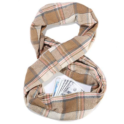 LA HAUTE Women's Checkered Infinity Loop Scarf with Zipper Pocket Secret Hidden Pocket Travel Cashmere Snood Shawl — view 4