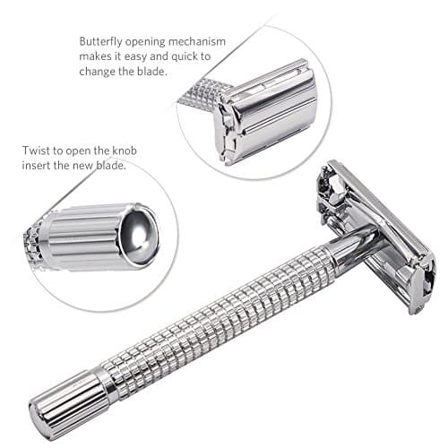 Safety Razor/Shaver/Shaving Tool/Butterfly Men's Razor Kit, Chrome Long Handle Butterfly Open Double Edge Safety Razor Men's Shaver (1 Razor Excluding blades, 1 Stand and 1pc Genuine Leather Case) — view 3