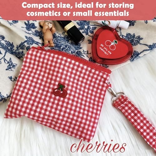 Cherry Makeup Pouch, Small Cosmetic Bag for Handbag, Plaid Travel Bag — view 4