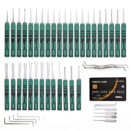 Non Slip Green Rubber Grip Lock Pick Set with Multi Shape Stainless Picks Auxiliary Tension Tools Credit Card Style Picks for Novice Locksmith Hobby Training and Household Mechanical Lock Learning