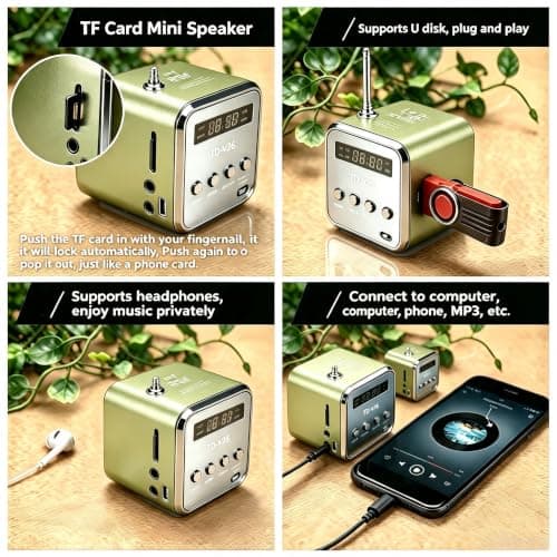 Mini Radio Bluetooth Speaker, Portable FM Radio, Outdoor Wireless Mini Speaker, Music Speaker, MP3 Player, Sound Station, USB, Line-In, Micro SD TF (Green) — view 4