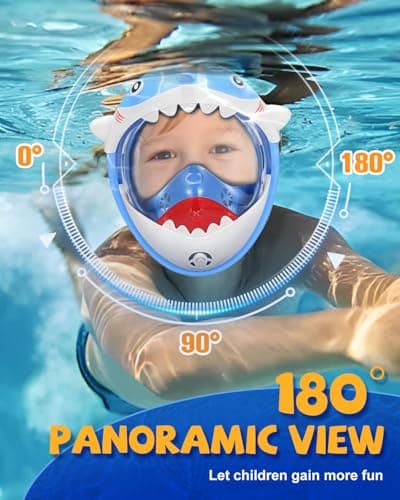 Zumhigh Kids Full Face Snorkel Mask, 180° Panoramic View Children's Snorkelling Mask with Dry Top System, Anti-Fog & Anti-Leak Shark Design for Swimming & Water Sports — view 3