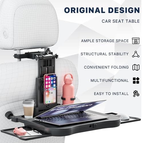 Car Back Seat Tray Table, Stable Foldable Auto Backseat Food Trays Desk for Rear Passenger Road Trip Eating & Work, Multifunctional Adjustable Travel Tray with Phone Drink Holder for Laptop iPad — view 3