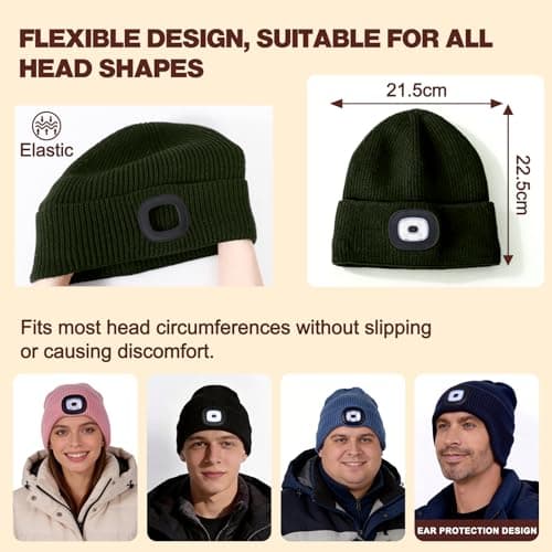 HAOCEE Hat with LED Light with Thick Warm Lining Gifts for Men Women Winter Beanie Illuminated Hat with Type-C Rechargeable Headlamp, olive green, One Size — view 4