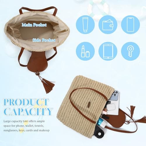 Freiesoldaten Summer Straw Tote Bag for Women Large Woven Beach Shoulder Top Handle Handbags with Tassel for Travel Vacation — view 5