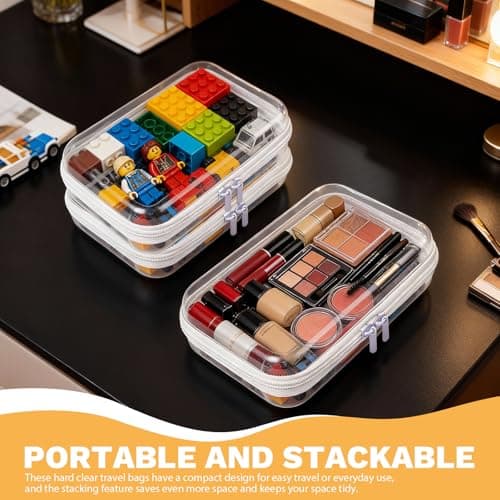 3 PCS Clear Hard Shell Zipper Cases, Transparent Waterproof Toiletry Toys Bags Double Zippered Pencil Case for Travel Makeup Tools Building Blocks Toiletries — view 4