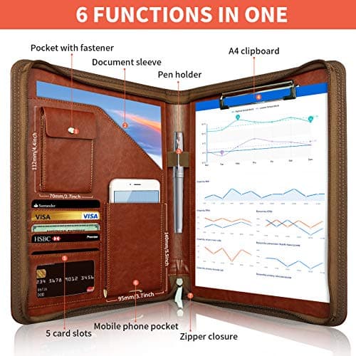 NEWYES PU Leather Zipper Conference Folder A4, Gifts for Men & Women, Travel Document Portfolio, Personal Agenda Organizer Folder, Brown — view 3