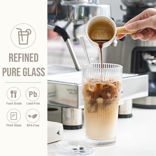 SoulTimes 600ml Glass Cups with Lids and Straws, Ribbed Glass Tumbler for Iced Coffee, Smoothie, Juice & Cold Drinks, Reusable Thick Glassware Set, Elegant Home & Travel Drinkware【2 Pack】 — view 5