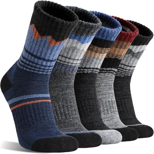Sandsuced Mens Merino Wool Hiking Socks Thermal Cosy Walking Winter Warm Crew Breathable Socks Stocking Fillers 5 Pairs(Assorted Blue,7-11)
