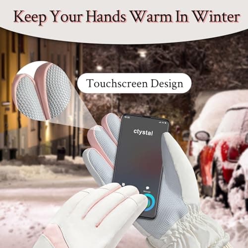 Andiker Women Waterproof Ski Gloves, Winter Touchscreen Thermal Gloves with Fleece, Windproof Snowboard Glove for Skiing Running and Cycling (Beige-pink) — view 4