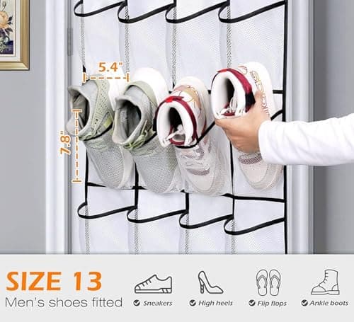 MISSLO Over the Door Shoe Storage Organiser Hanging Shoe Rack Holder 24 Large Mesh Pockets for Wardrobe Door Tidy with Hanger(White) — view 3