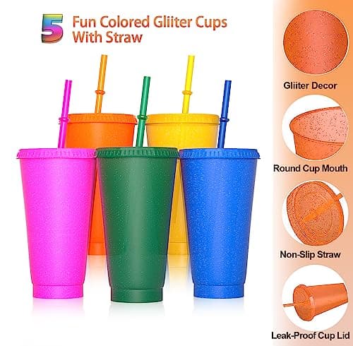 Pack of 5 Drinking Cups with Straw and Lid - 24 oz Plastic Cups Smoothie Coffee Mug To Go Travel Mug Cup for Children Adults Reusable Plastic Cups — view 3