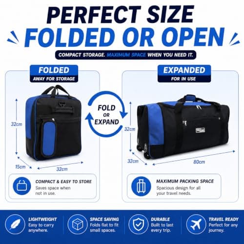 Large Holdall with Wheels, 82L Wheeled Duffle Bag, Black Rolling Travel Bag, Soft Luggage with Zipped Pockets for Holidays, Weekend Trips, Sports, Gym & Overnight Travel — view 5