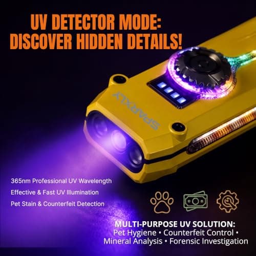 SPARXLY Rechargeable Torch Led Super Bright Flashlight - 1000lm Small Mini Pocket EDC Gear, Multifunctional Outdoor Lamp Camping Light with Cob RGB Side Light, Uv Light & Red Laser for Emergency — view 6