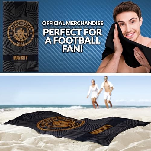MANCHESTER CITY F.C. Bath Towel for Men Women Teens Boys 100% Cotton Quick Dry Football Crest Beach Towel Swim Gym Holiday Shower Supporters' Gear 137 x 69cm (Black, 137x68.5cm) — view 2