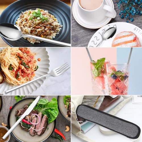 AARAINBOW Portable Cutlery Set for 1 Person, Stainless Steel Knife Fork Spoon Straw Set. 6-Piece Flatware Set with Bag, Suitable for Travel Camping Work, Dishwasher Safe, Silver — view 5
