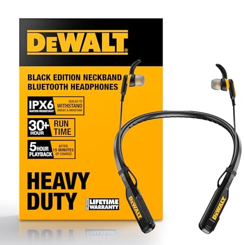 DEWALT Heavy Duty Bluetooth Neckband Headphones, Wireless Around the Neck Earbuds with 30H Runtime + Noise Isolation, Secure Magnetic Wireless Earbuds, Jobsite Pro Built-in Mic Bluetooth Headsets