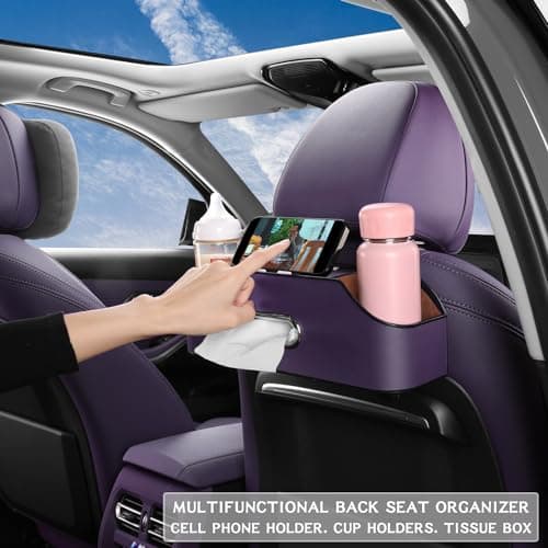 Car Seat Back Organizer with Cup Holders, Tissue Box & Hooks, Purple — view 5