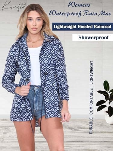 kraftd Womens Raincoat Ladies Rain Jackets Waterproof Showerproof Lightweight Hooded Rain Mac (Emma-Navy Lines, XL) — view 2