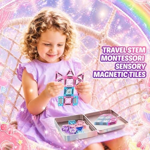 Travel Magnetic Tiles for Kids 43 Pcs, Mini Magnatiles Travel Set Magnet Toys for 3 4 5 6 Year Old Girls Toddler Plane Activities Games Magnetic Blocks Building Birthday Gifts for Girl Princess — view 6