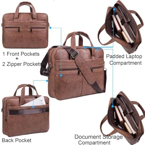 seyfocnia Men's Business Travel Briefcase Leather Messenger Bags Laptop Bag 17.3 inch Work Computer Bag Satchel Bag (Brown) — view 4