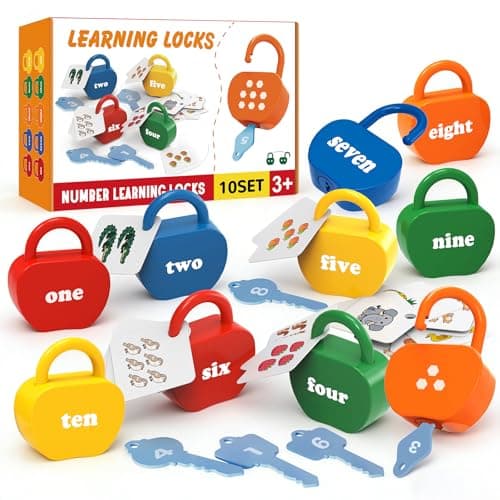 GEERAY Cause and Effect Toys for Toddlers 3 4 5, Montessori Lock & Key Set with 10 Apple-Shaped Locks, Keys & 20 Cards Numbers Matching & Counting, Preschool Learning Games Gifts
