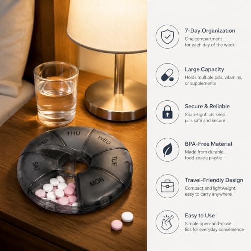 Weekly Pill Box Organiser, 7 Day Round Tablet Organiser, Easy Open Snap Shut Lids Portable Travel Pill Case, Black Medicine Organiser Tablet Box for Vitamins Supplements Medication — view 5