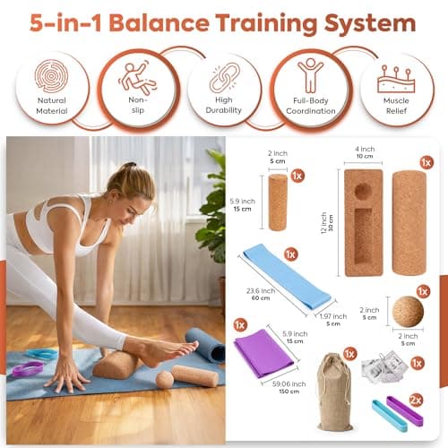 Magalionis Cork Balance Board 5 in 1 Set - Cork Wobble Axis Board with Massage Roller & Balance Ball & Physio Bands - Foot & Ankle Strengthener - Pilates Equipment with Yoga Blocks for Home Exercise — view 2
